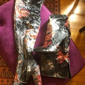 Beautiful floral velvet over the knee boots
